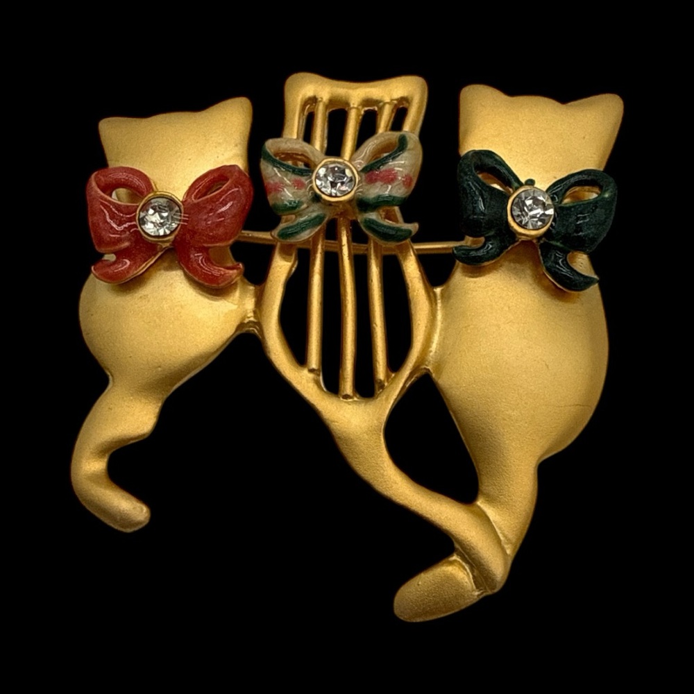 Vintage Matte Gold Cat Brooch with Red and Green Bows w/ Glass Rhinestones